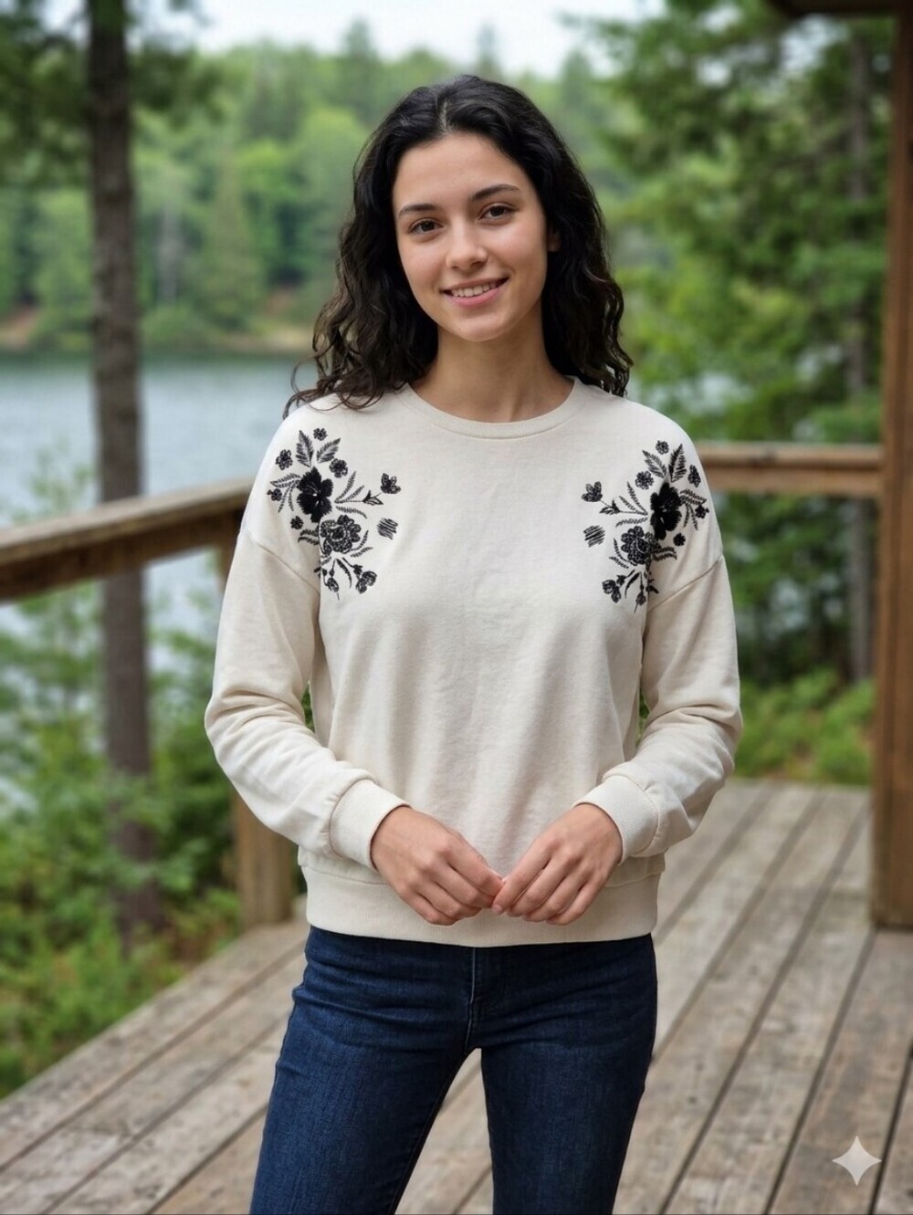 Vero Moda Feminine Cream Crewneck Sweater With Black Velvet Florals Size Large